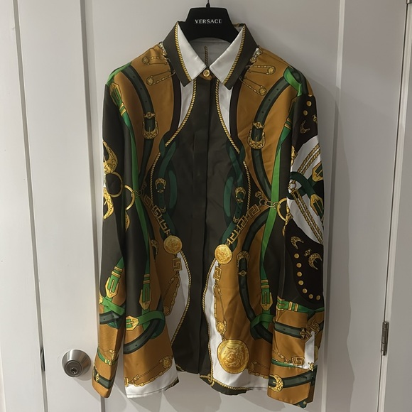 Versace NWOT 100% Silk Chain harness and Greek key Button Down Blouse - Picture 2 of 5